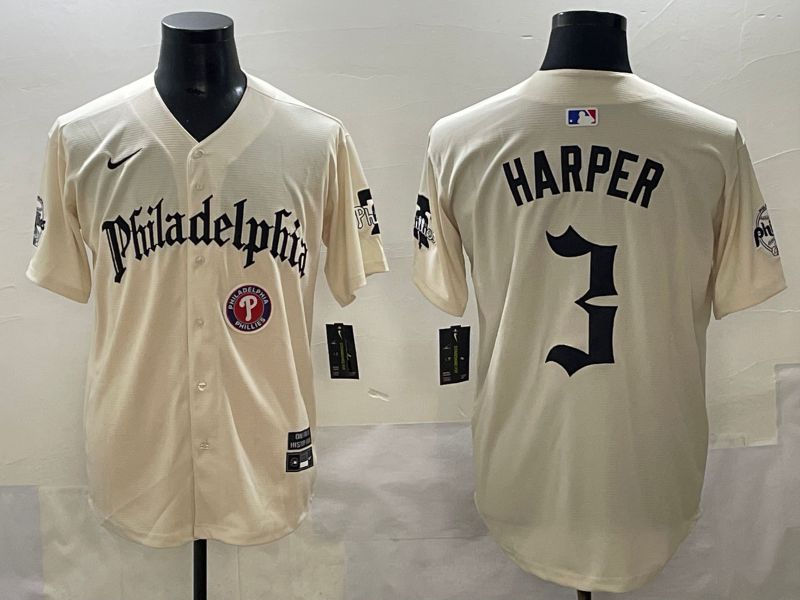 Men 2025 Philadelphia Phillies #3 Harper Cream Five generations Joint Name Nike MLB Jersey style 6